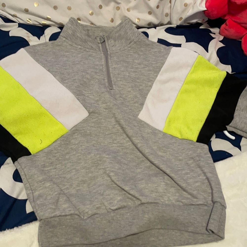 Gray,green,black and white zip up sweater